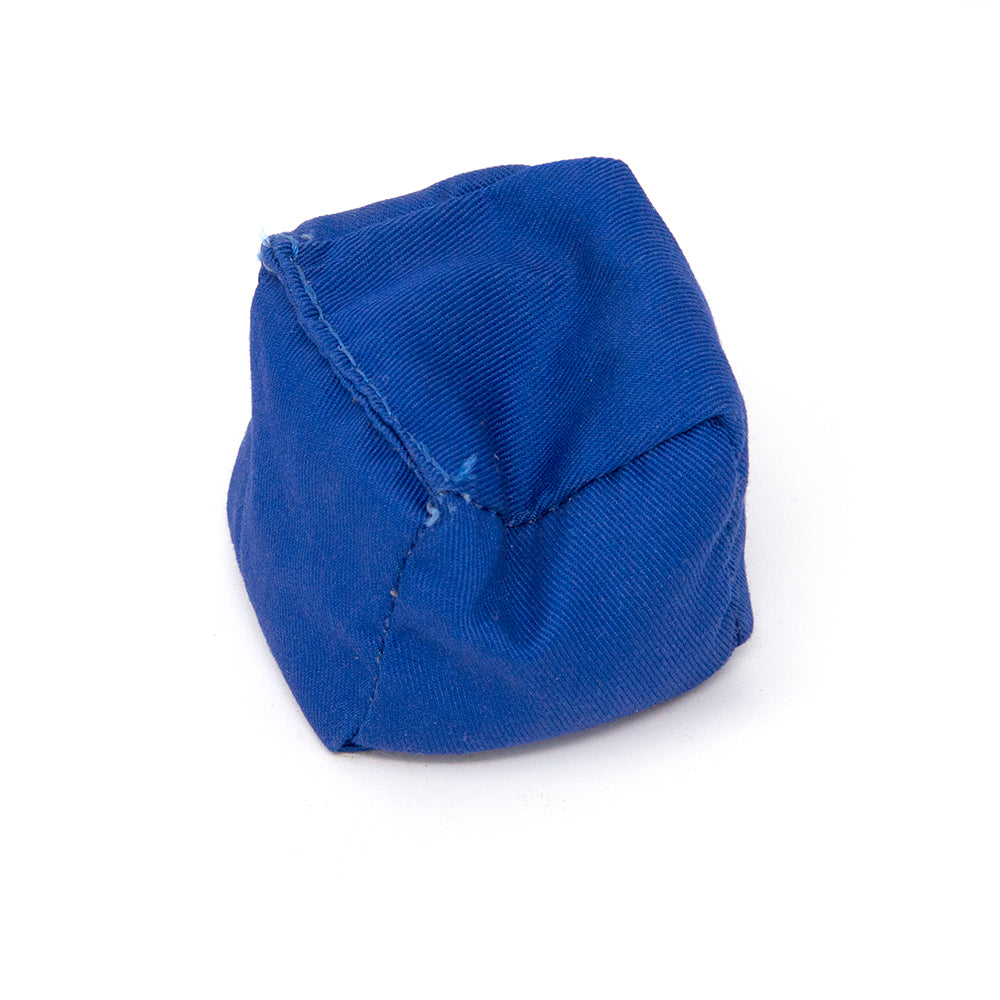 Close-up of the stitching and seams on the blue bean bag. 