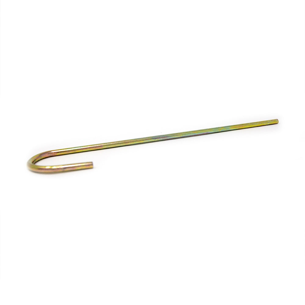 Thin metal stake is curved on one end. 