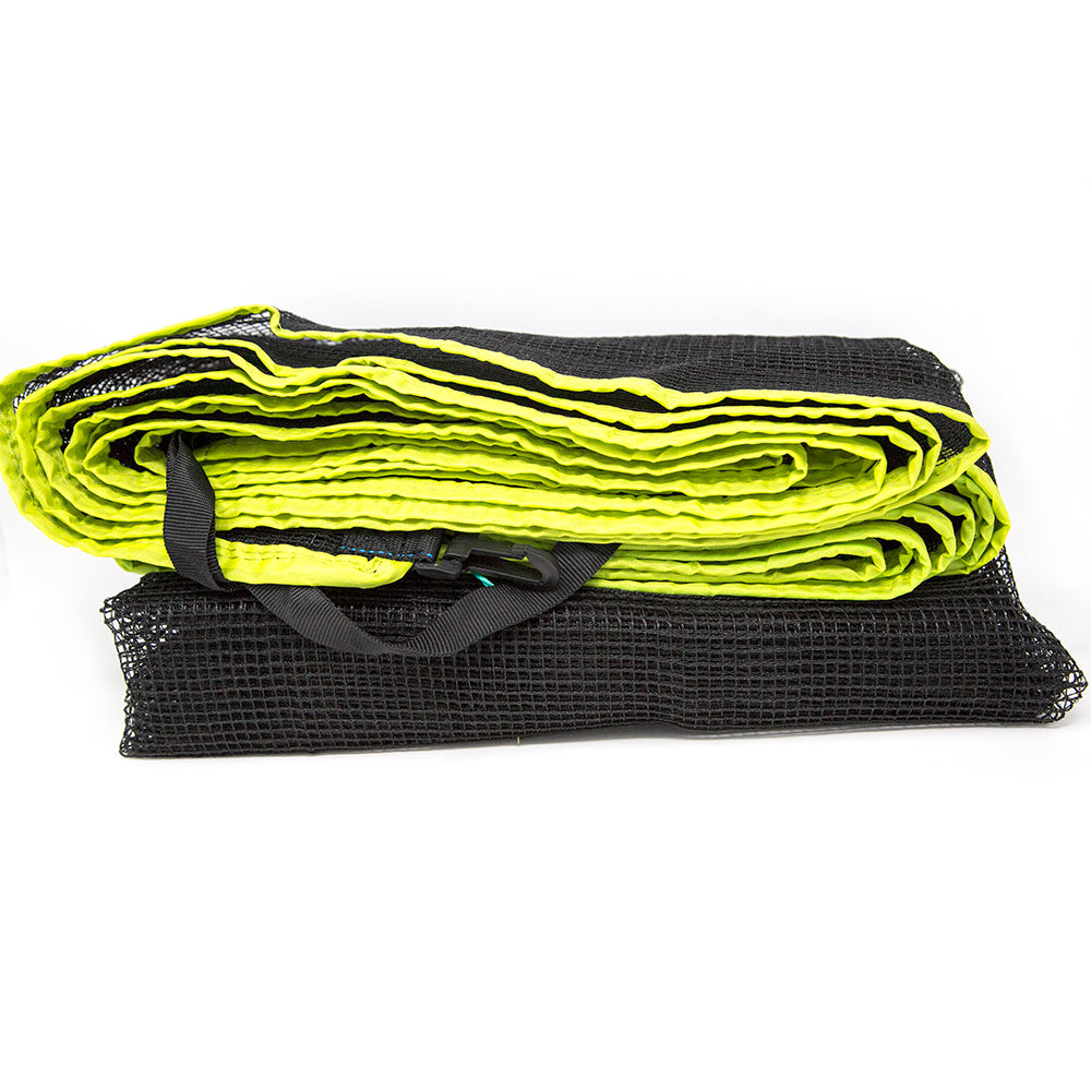 Black volleyball net with black straps and lime green trim. 