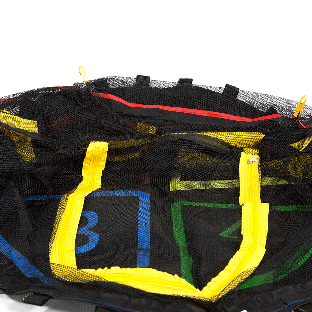 Black jump mat with colorful quadrants and black enclosure net with yellow zipper. 