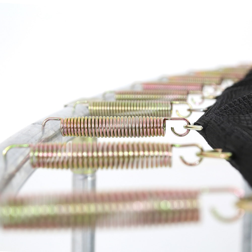 Galvanized steel springs connect the enclosure net and jump mat to the trampoline frame. 