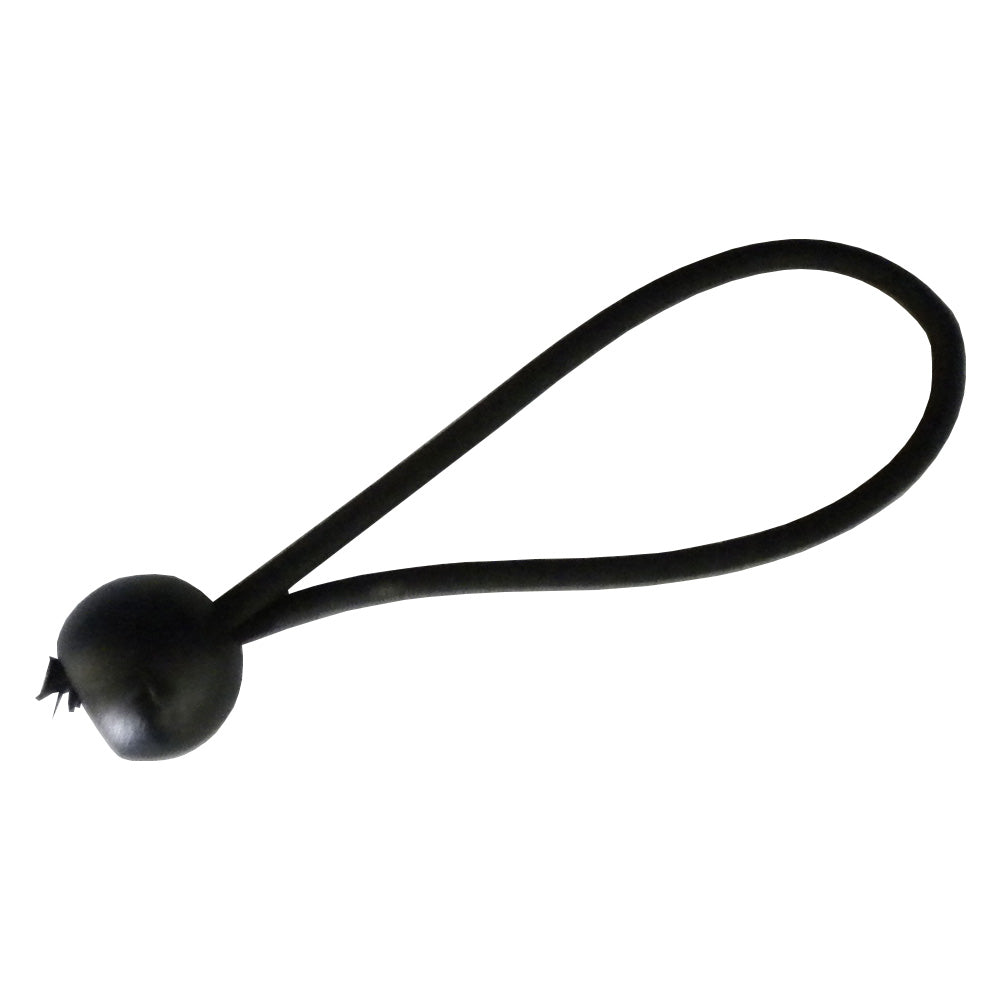 Black elastic band with a black plastic ball on one end. 