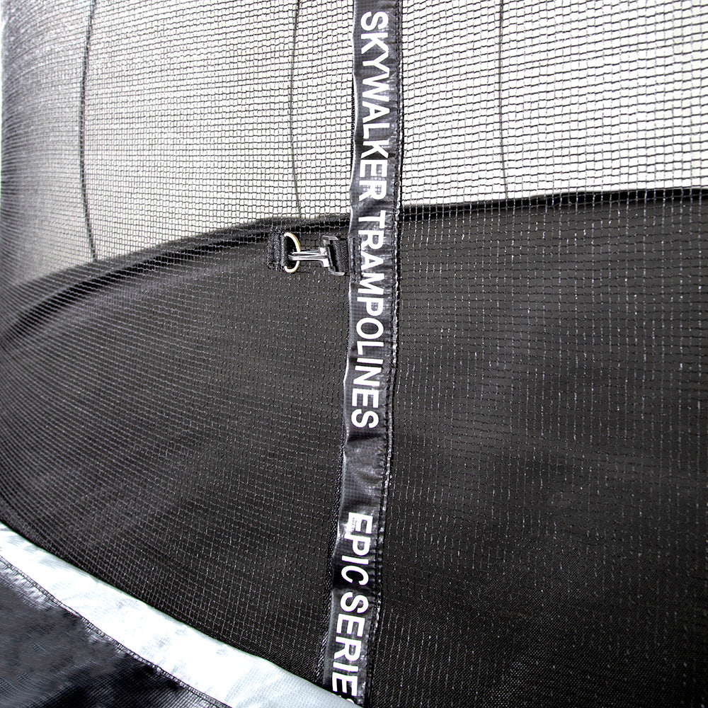 The words "Skywalker Trampolines" and "Epic Series" printed in white onto the black enclosure zipper.