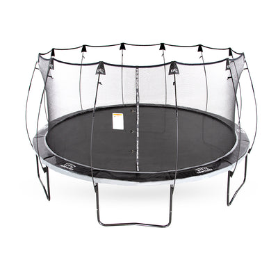 16-foot round Epic Series trampoline with black and gray spring pad and flex rod enclosure poles. 