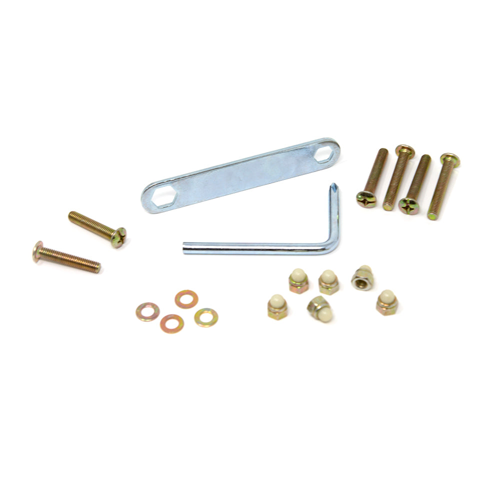 Hardware pack includes wrench, screwdriver, bolts, washers, and cap nuts. 
