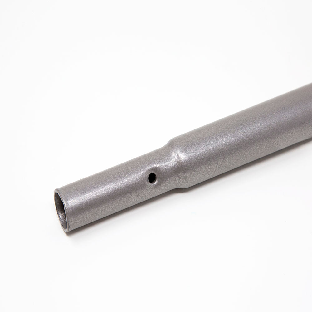 A close-up view of the hole on one end of the powder-coated steel tube. 