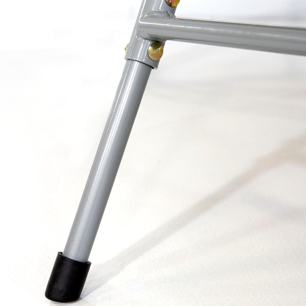 Close-up view of the gray trampoline ladder leg. 