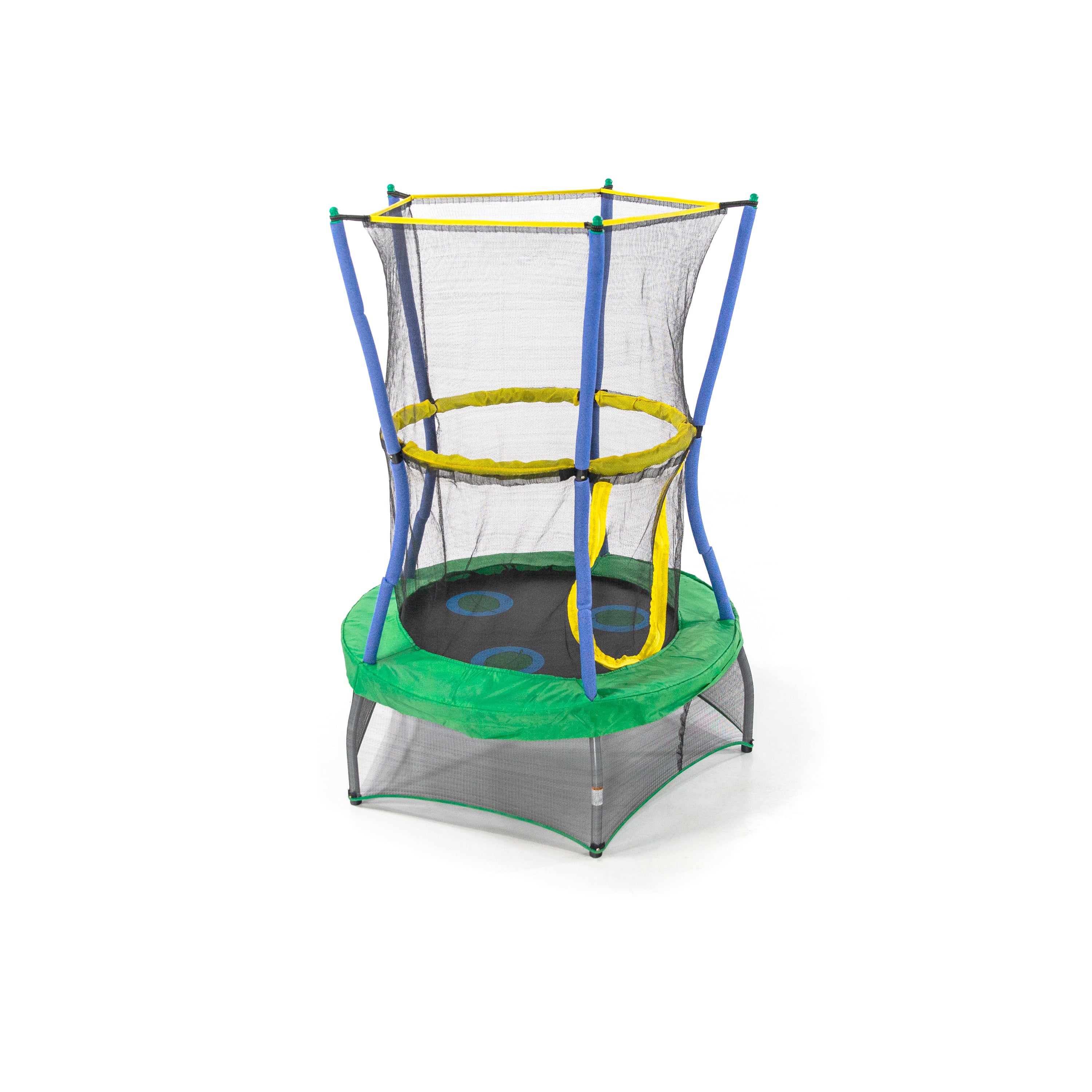 Green, blue, and yellow 40-inch mini kids trampoline with lily-pad design on jump mat.