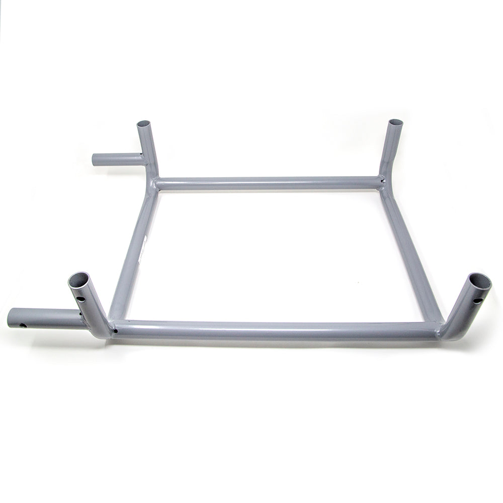 This upper front cart frame piece is made from silver powder-coated steel.