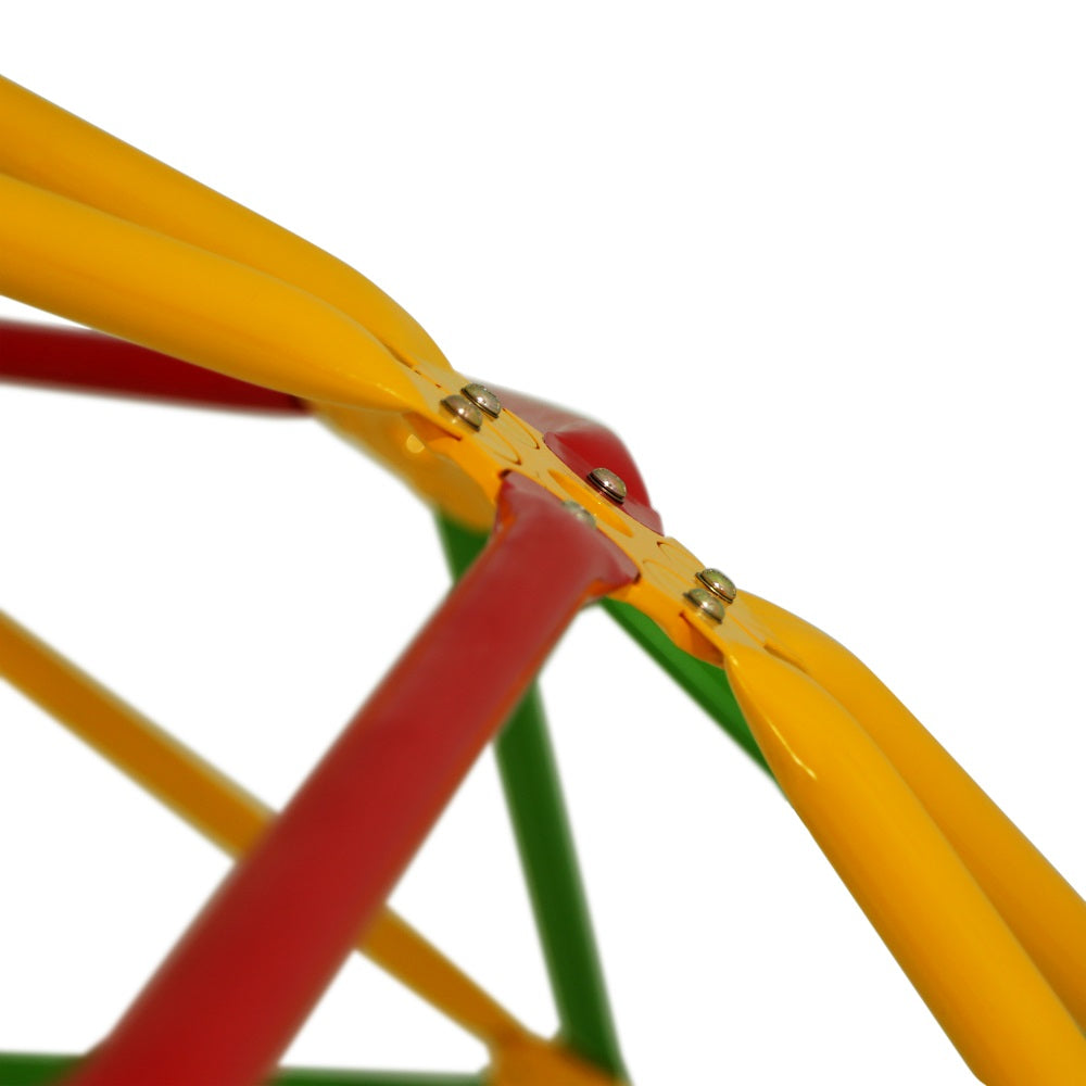 Close-up view of yellow, red, and green poles going into the fitted connection plate. 
