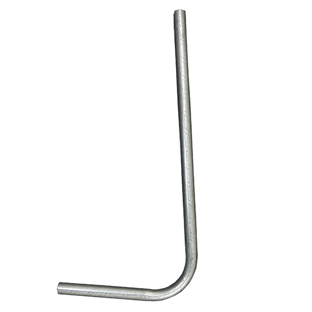 Galvanized steel leg extension forms the shape of the letter J.