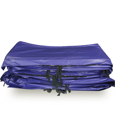 Blue spring pad for 16-foot oval trampoline is folded up. 