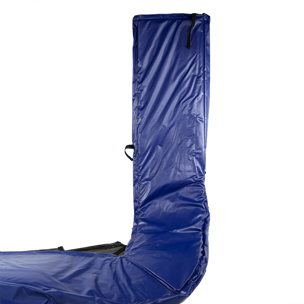 The blue spring pad designed for 9-foot by 15-foot rectangle trampolines comes in two L-shaped sections. 