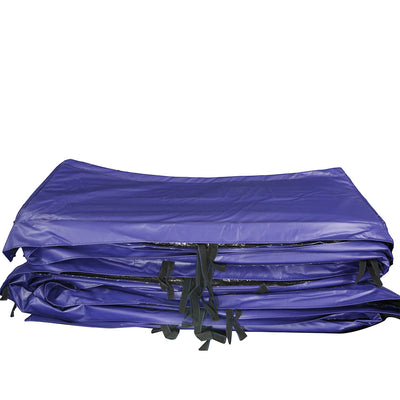 Blue PVC spring pad includes black straps for securing the spring pad to the trampoline. 