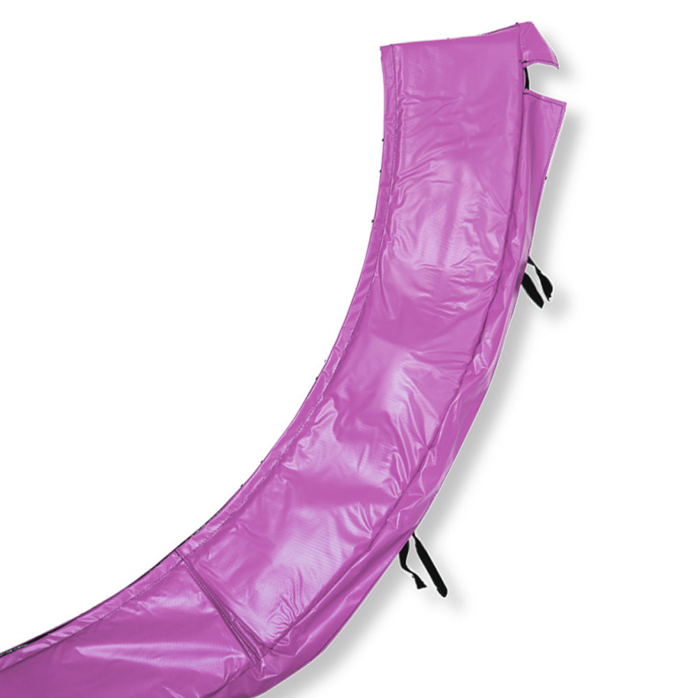 Purple PVC spring pad has black straps to help secure it in place. 