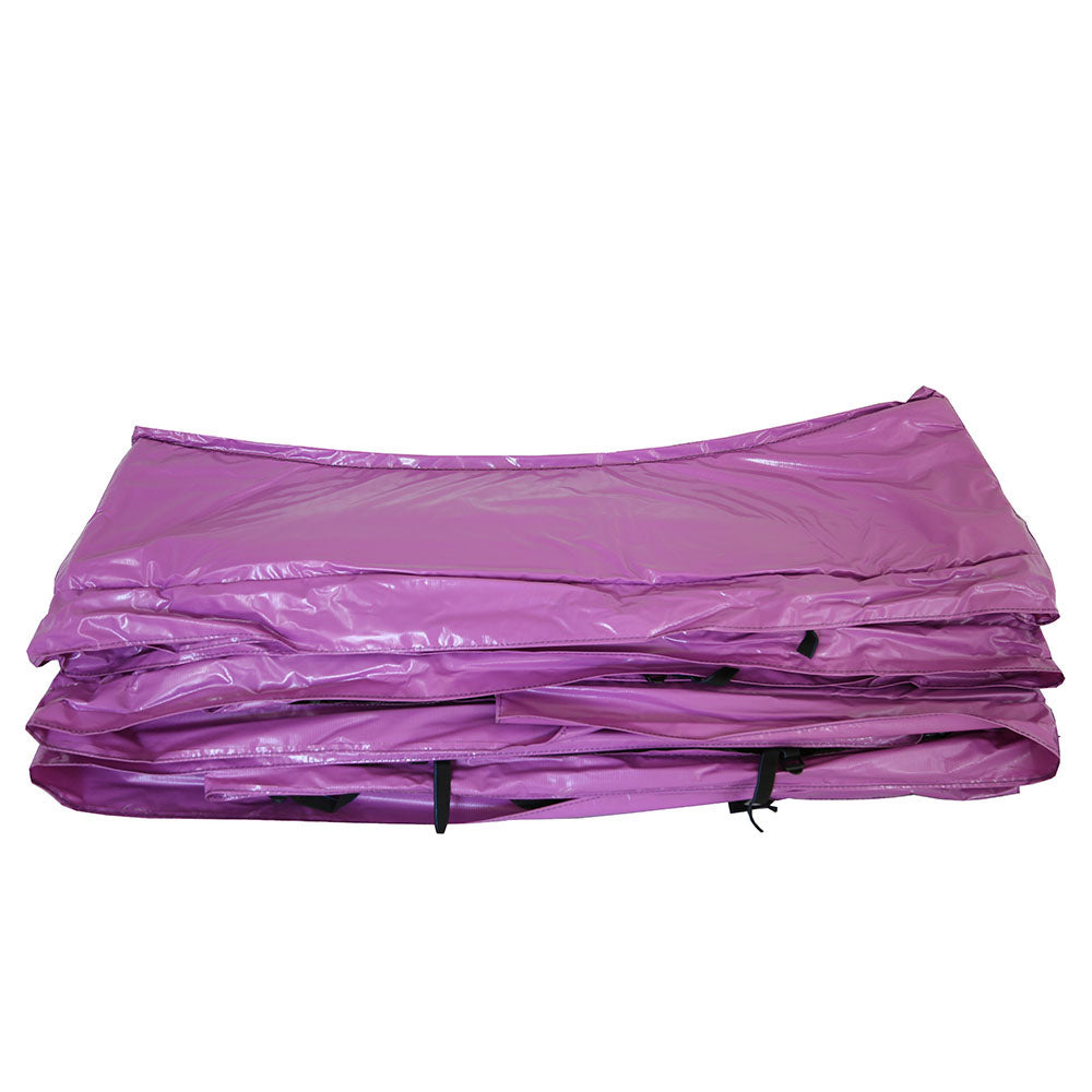 Purple, round replacement spring pad designed for an 8-foot trampoline folded into a neat stack. 