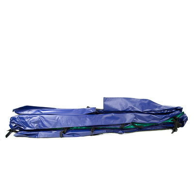 The blue and green PVC spring pad is designed for 17-foot by 10-foot rectangle trampolines. 