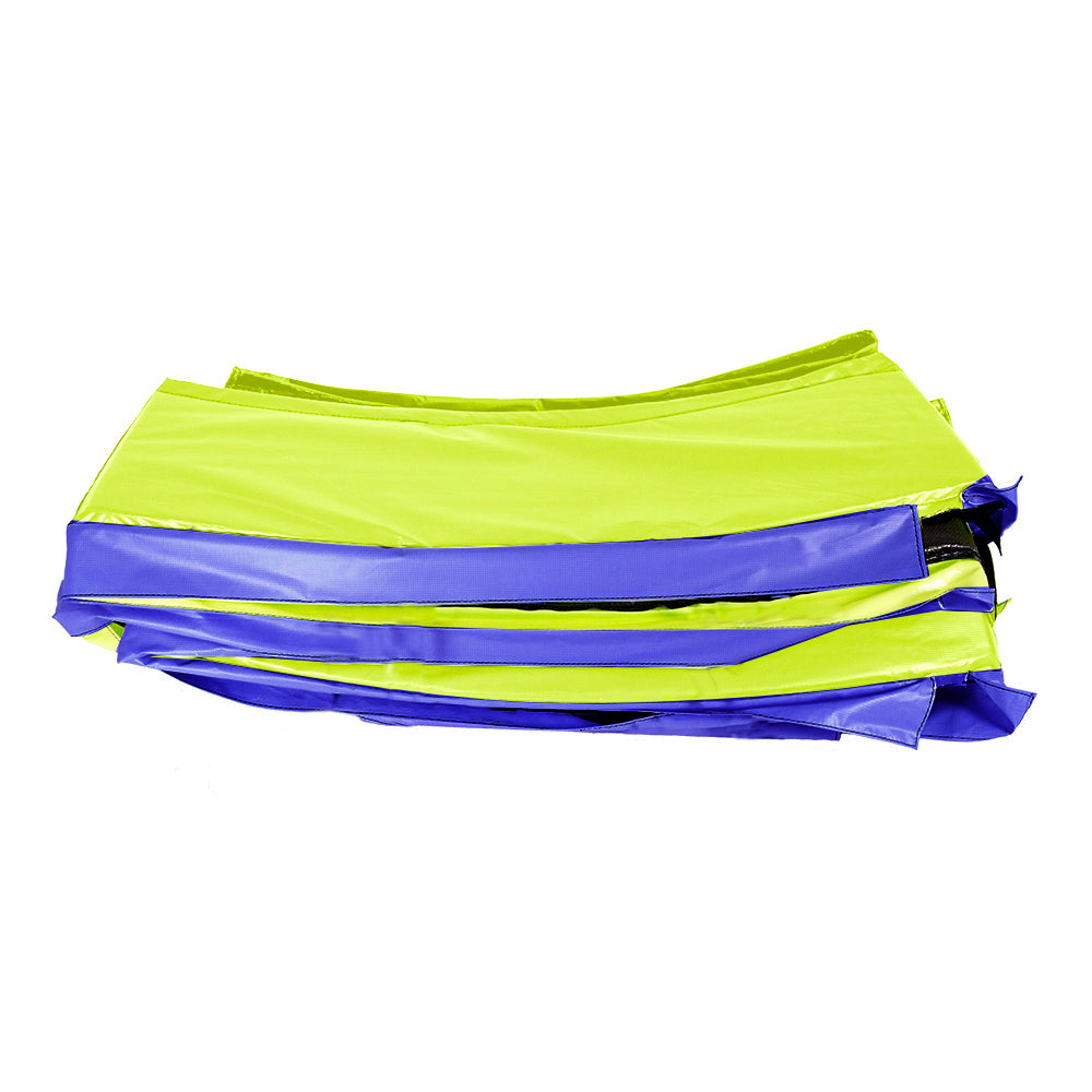 Dual color spring pad for 12-foot round trampolines folded neatly. 