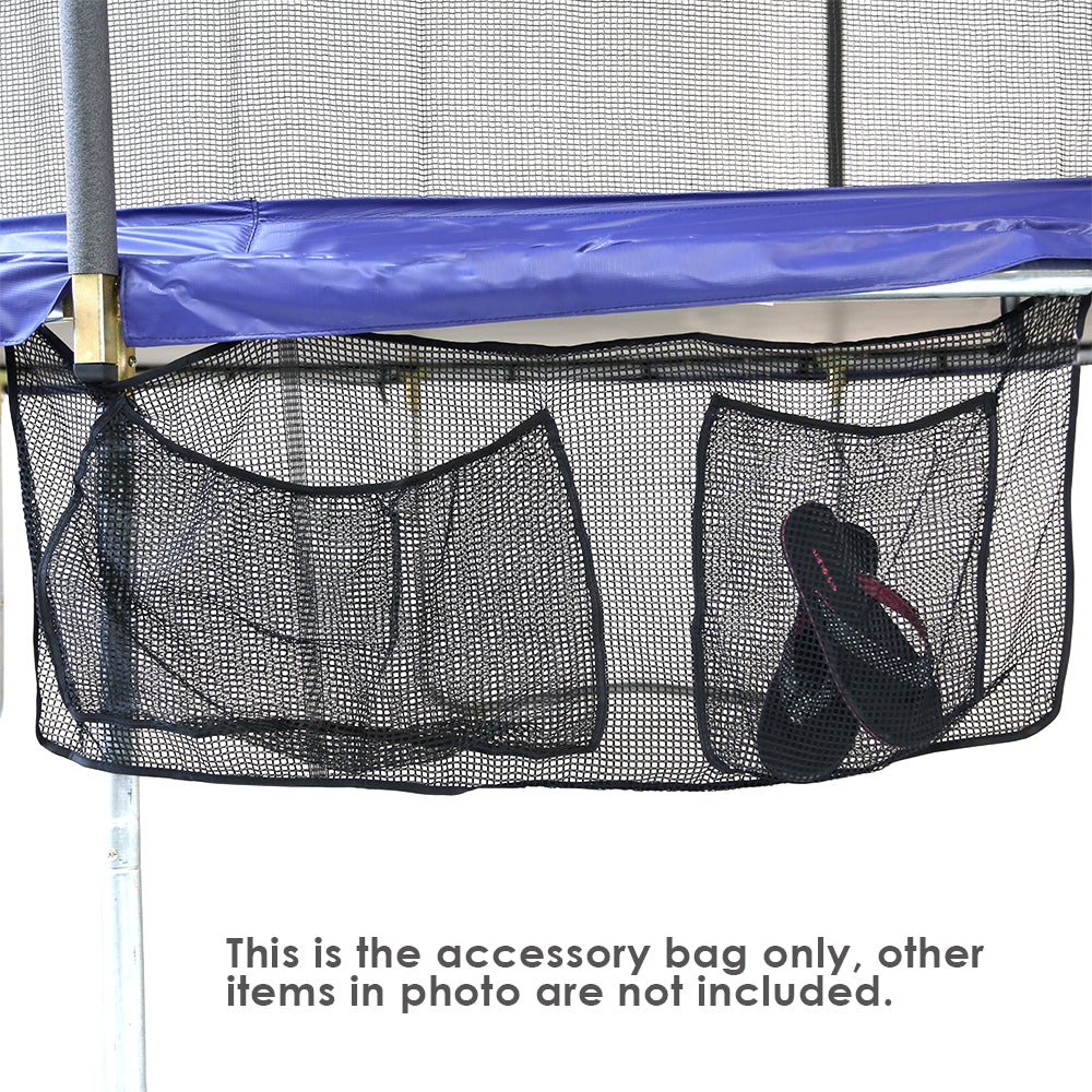 Storage bag accessory with two pockets attached to the side of the trampoline. 