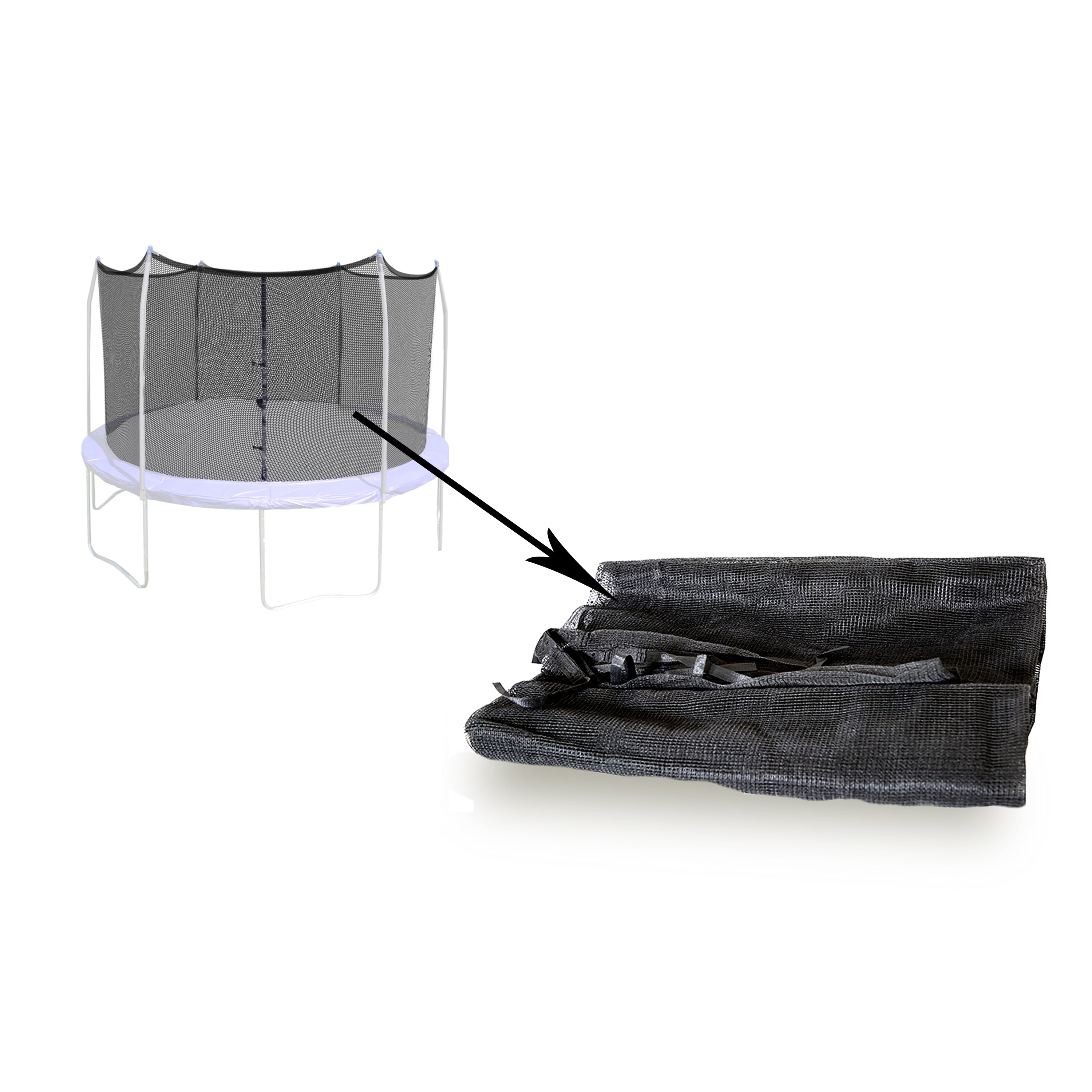 The black polyethylene enclosure net is designed for an 8-foot round trampoline. 