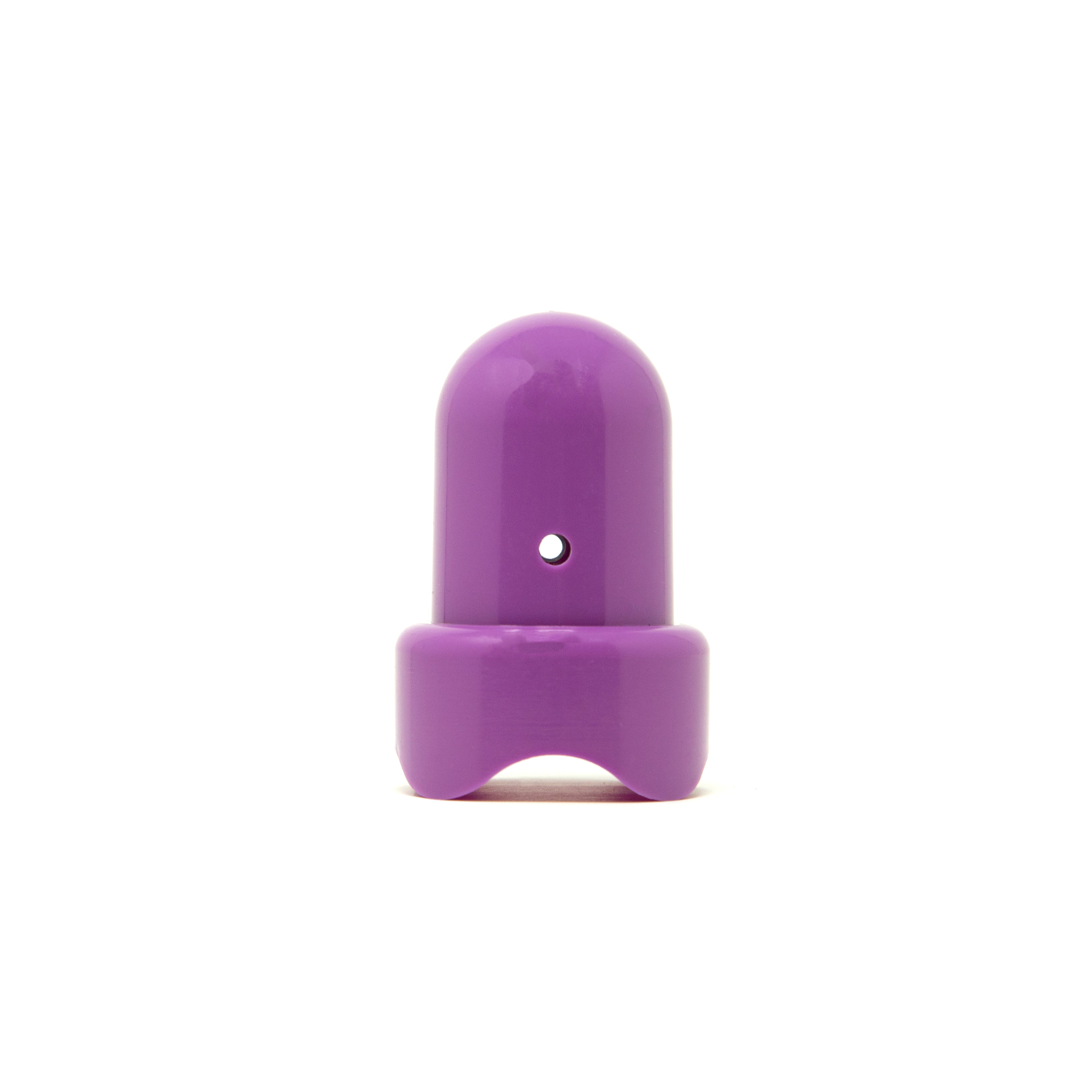 Purple pole cap with round hole facing forward. 