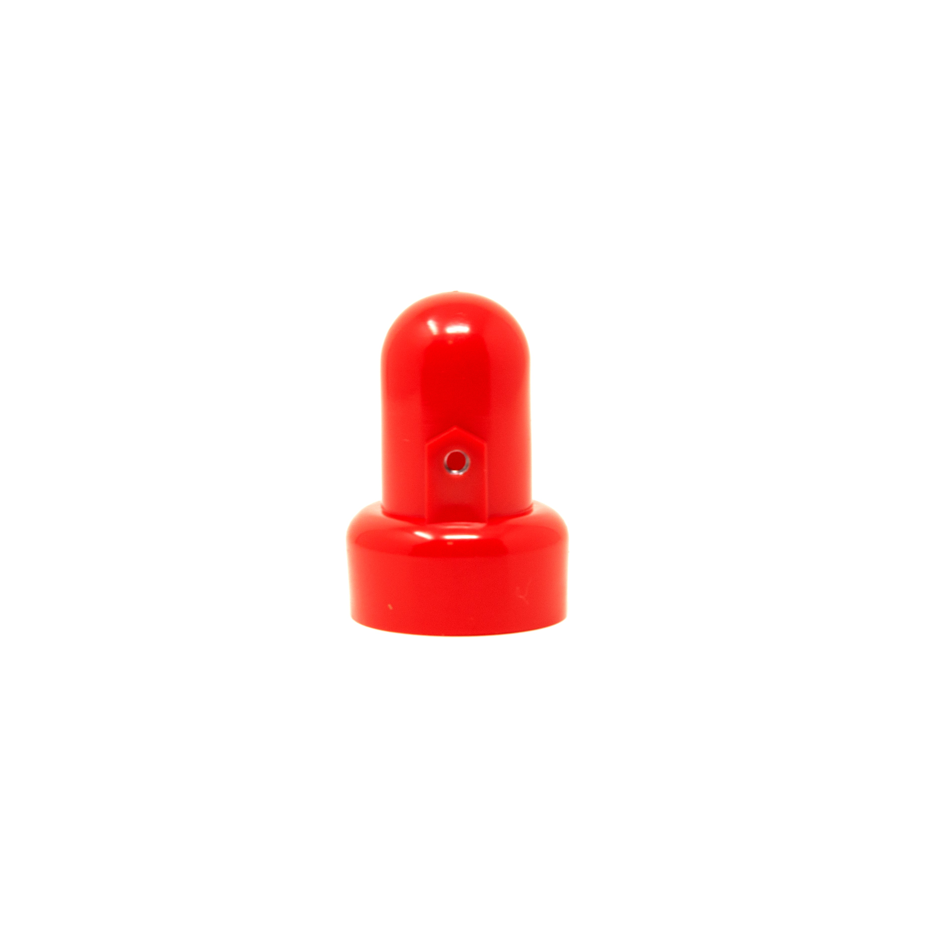 The front view of the red pole cap has a hole in the center of it. 