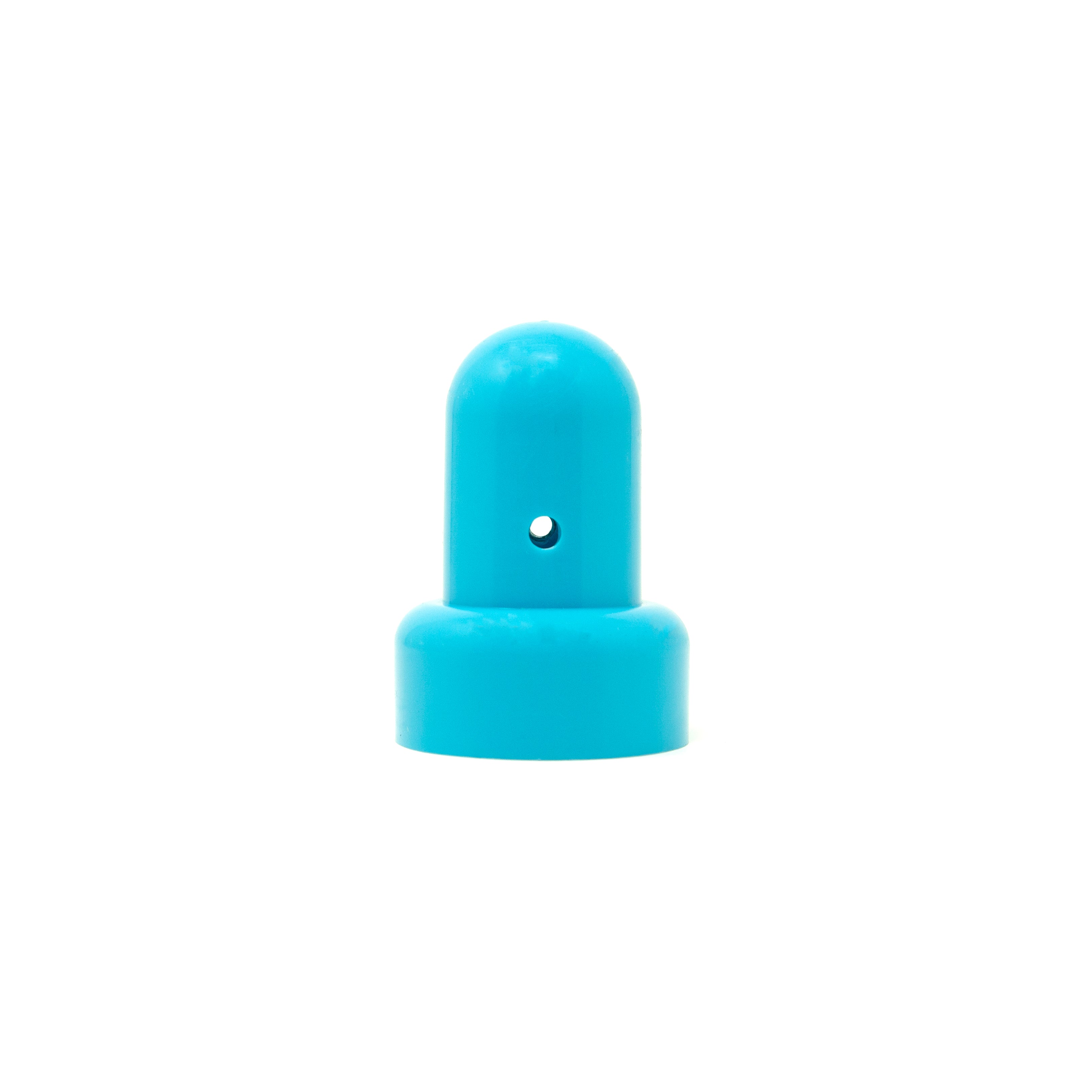 Teal pole cap with the round hole side facing forward. 