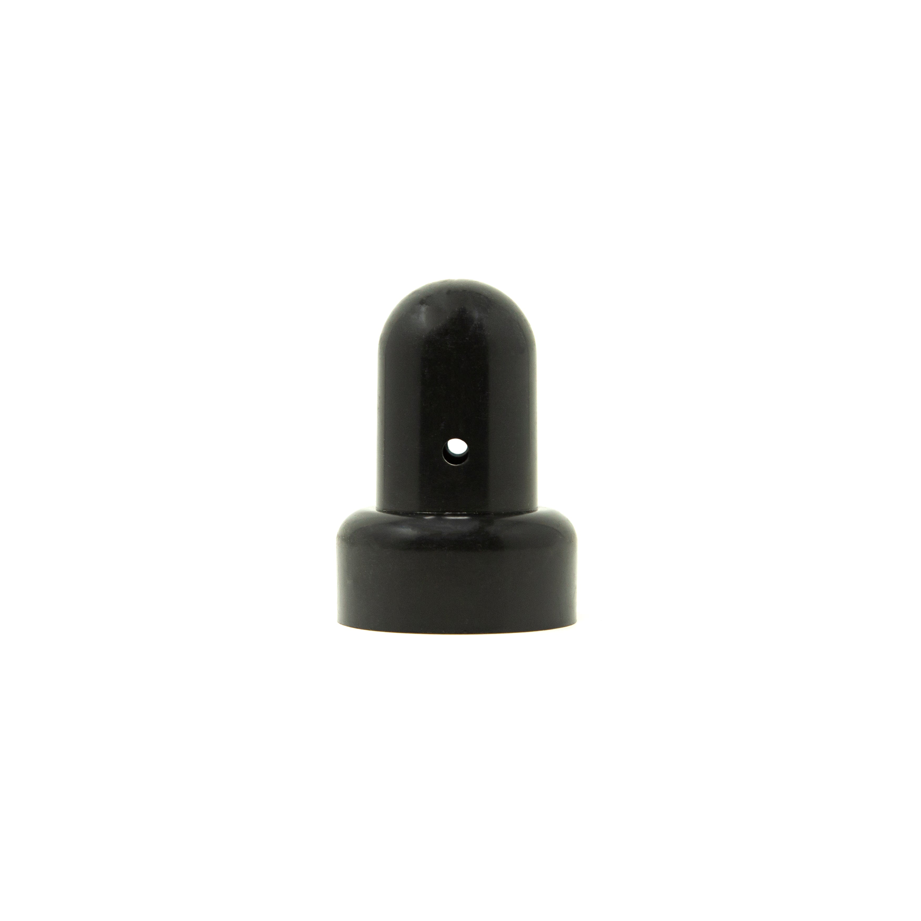 Black pole cap with a round hole on one side. 