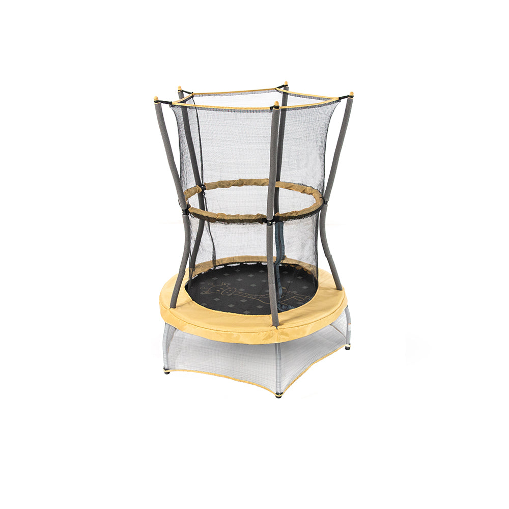 40-inch round yellow and gray mini kids trampoline with giraffe design on the jump mat.