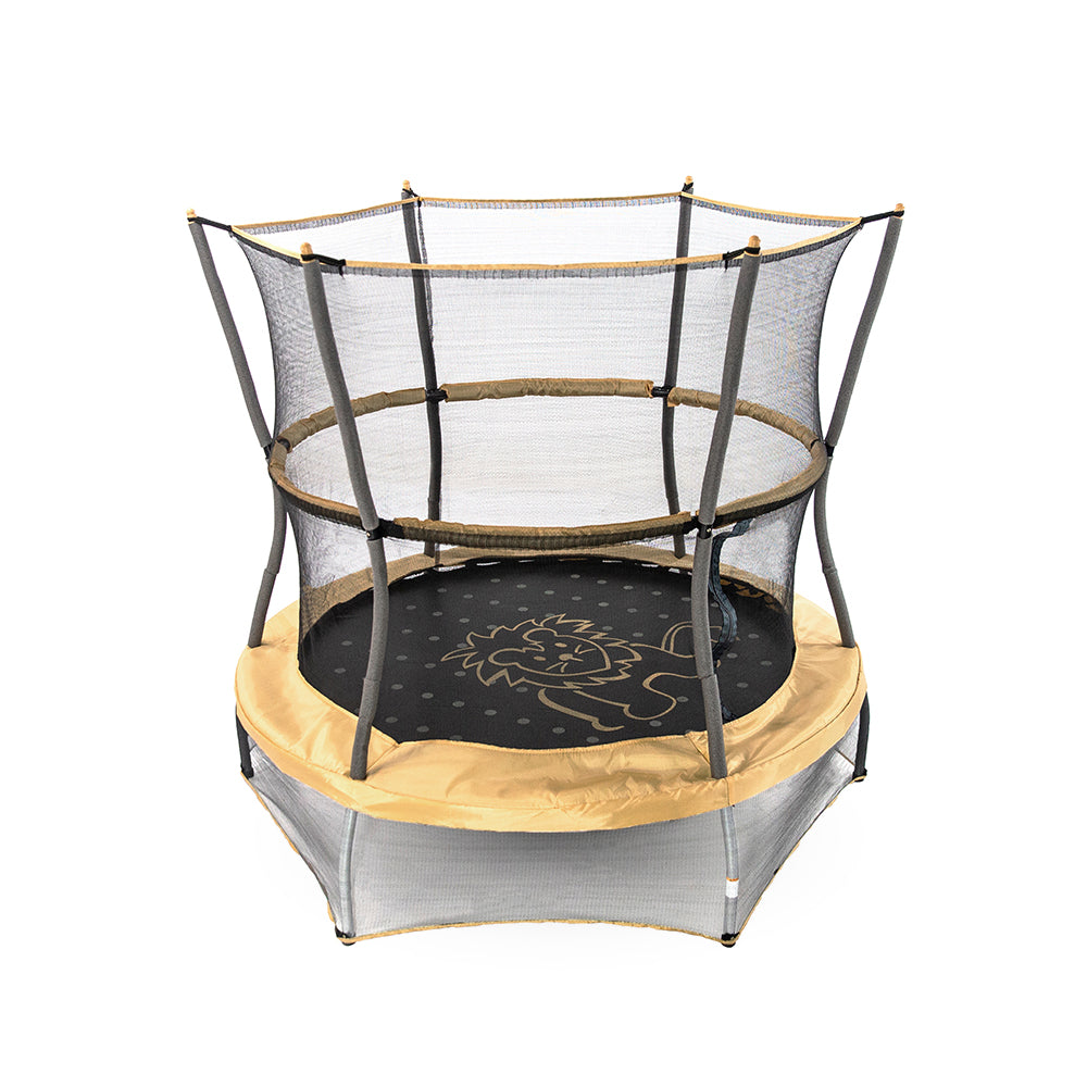 60-inch mini kids trampoline with yellowish-orange spring pad, lion-themed jump mat, and yellowish-orange pole caps.