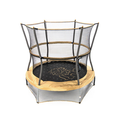 60-inch mini kids trampoline with yellowish-orange spring pad, lion-themed jump mat, and yellowish-orange pole caps.