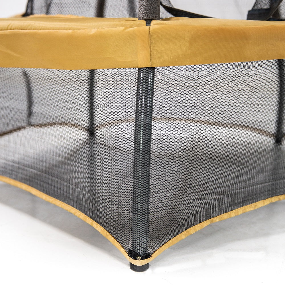 Black enclosure net hangs below yellowish-orange frame pad to cover steel trampoline legs. 