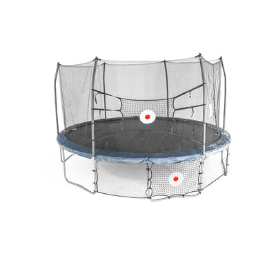 15 by 13 foot oval trampoline with navy spring pad, Upper Bounceback net across enclosure poles, and Kickback net attached below frame.