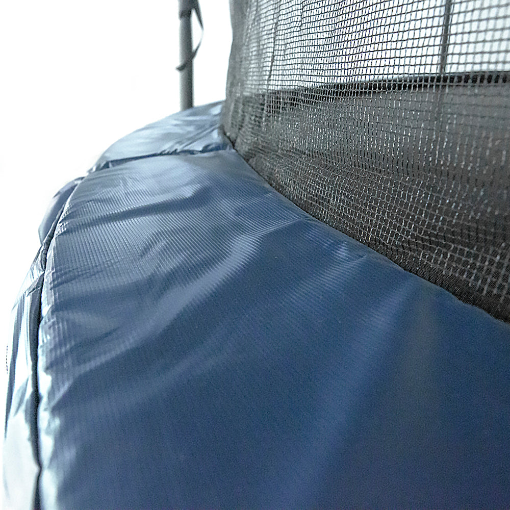 Smooth, vinyl-coated blue spring pad attached to black enclosure net. 