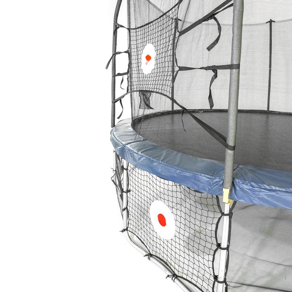 Upper Bounceback net game and Kickback net game are made of a black material with a red and white target in the center.