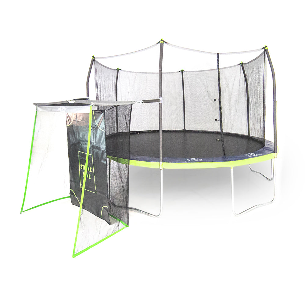 The 15-foot oval kids trampoline with dual color spring pad and sports net accessory. 