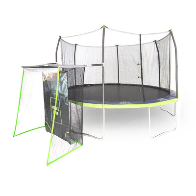The 15-foot oval kids trampoline with dual color spring pad and sports net accessory. 