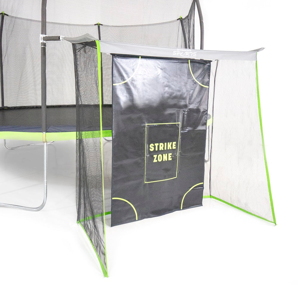 The sports net trampoline accessory has a "Strike Zone" target in the middle to help athletes with their aim.