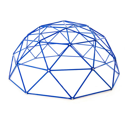 9-foot Geo Dome made of blue powder-coated steel poles with silver bolts connecting each pole. 