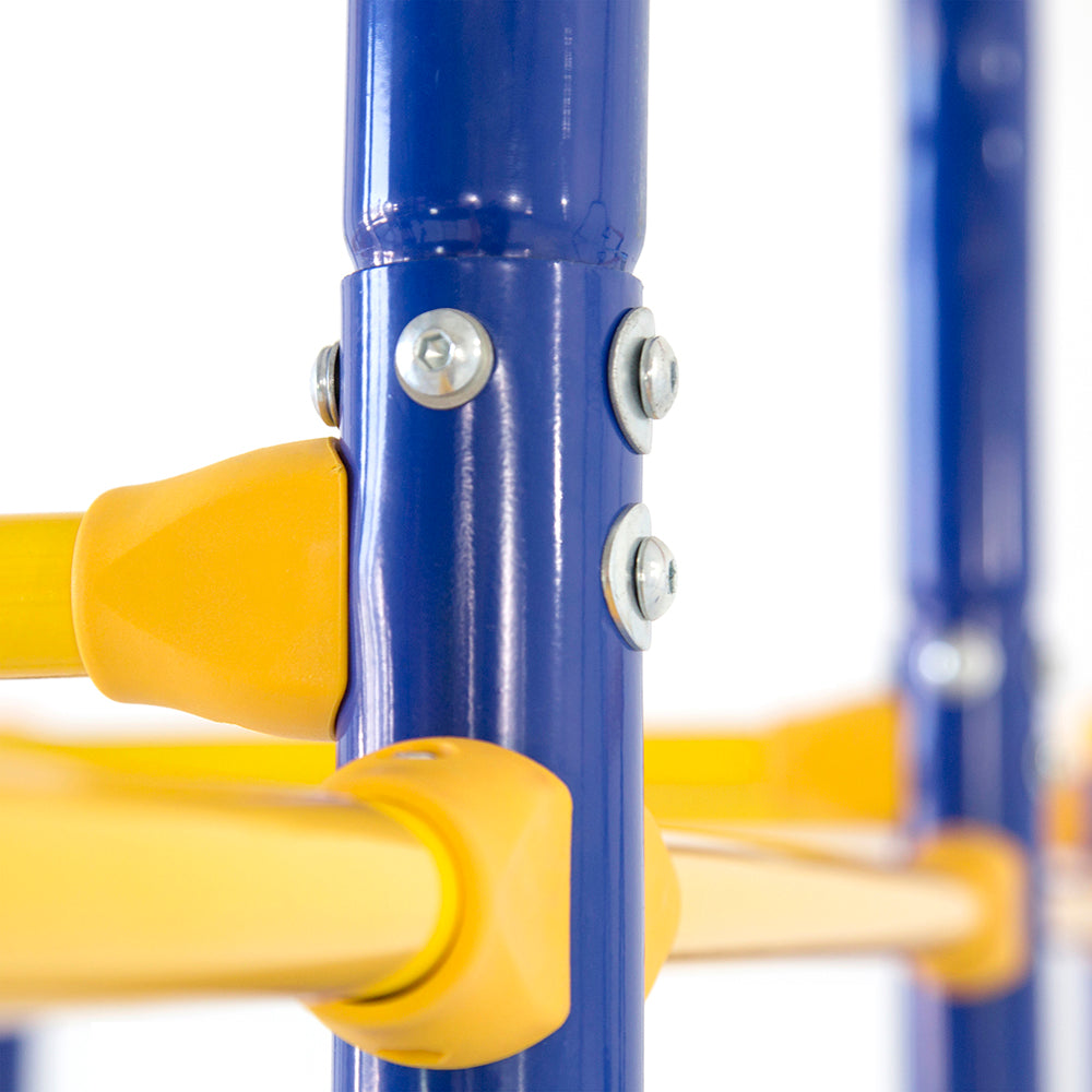 The yellow and blue Jungle Gym Base has strong heavy-duty steel construction. 