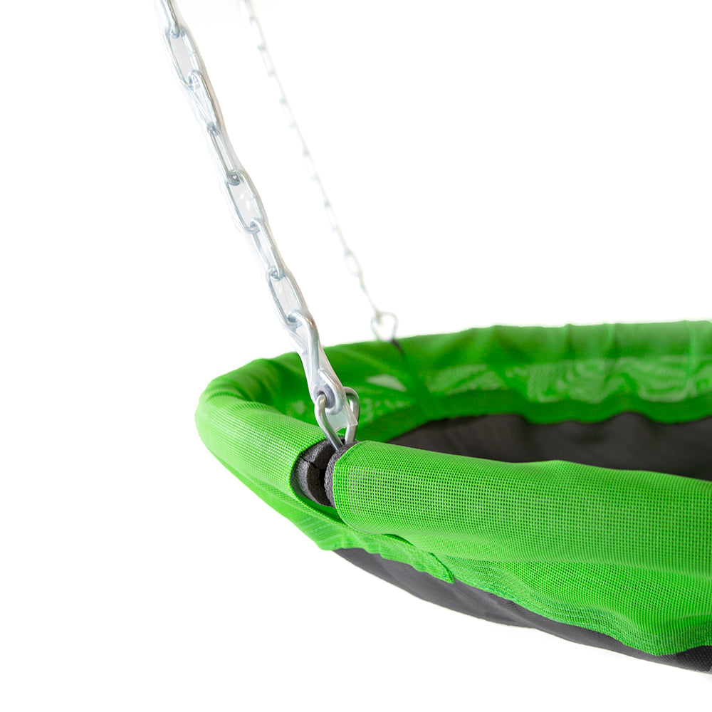 The UV-treated polypropylene-covered saucer swing seat is held up by plastic-coated chains. 