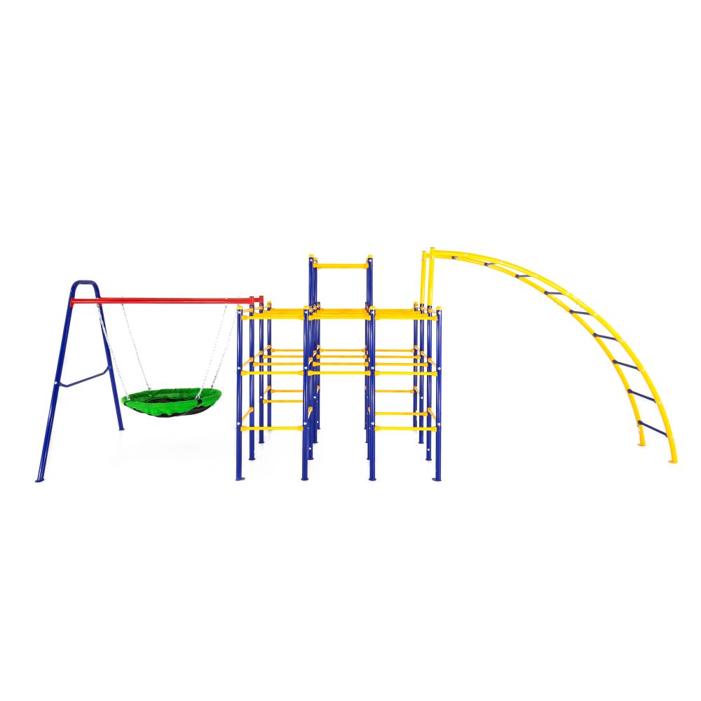 The Jungle Gym Base sits in the center with the Saucer Swing connected on the left and the Arched Ladder on the right. 