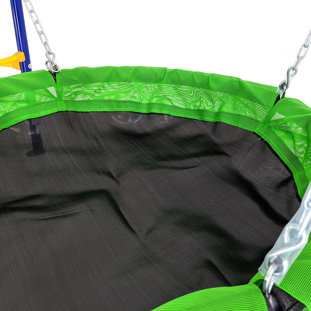 The green and black saucer swing has a circular steel frame and a UV-treated polypropylene covered seat.