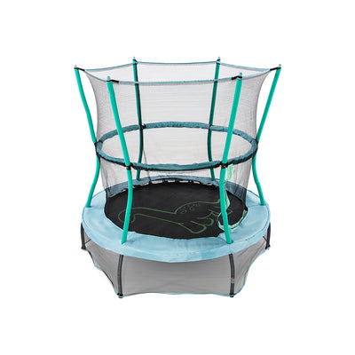 Light blue and seafoam green 55-inch mini trampoline with brontosaurus design on jump mat.
