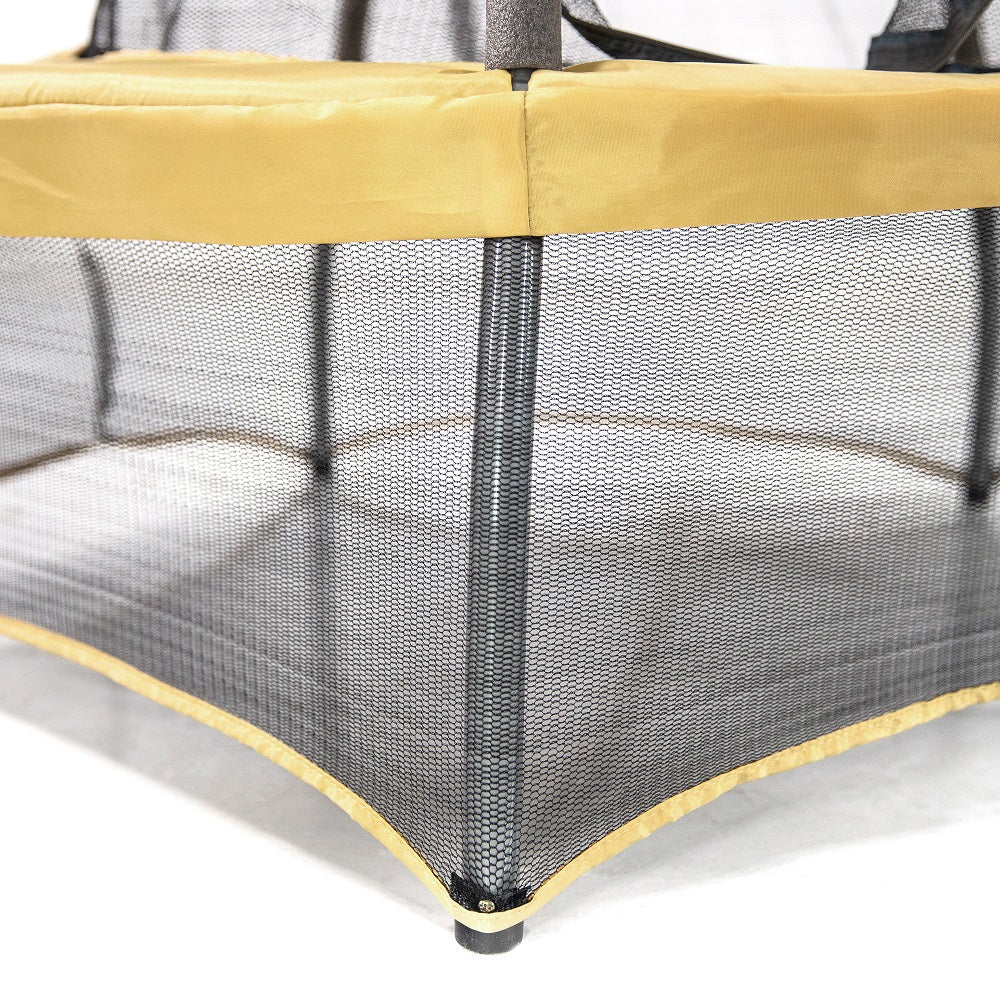Lower enclosure net is attached to the bottom of the yellow frame pad. 