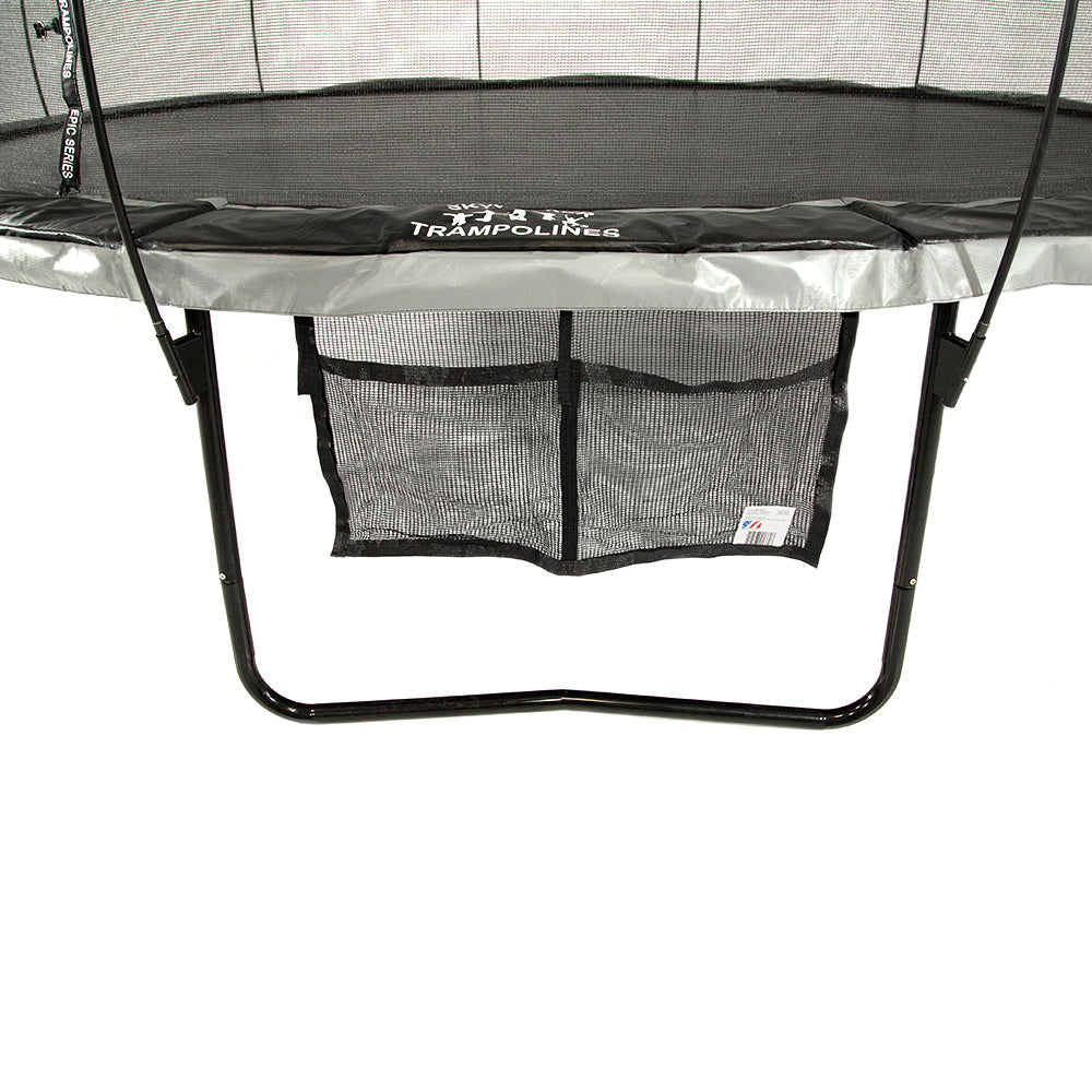 Front view of the Two Pocket Accessory Storage Bag hanging from the trampoline frame. 