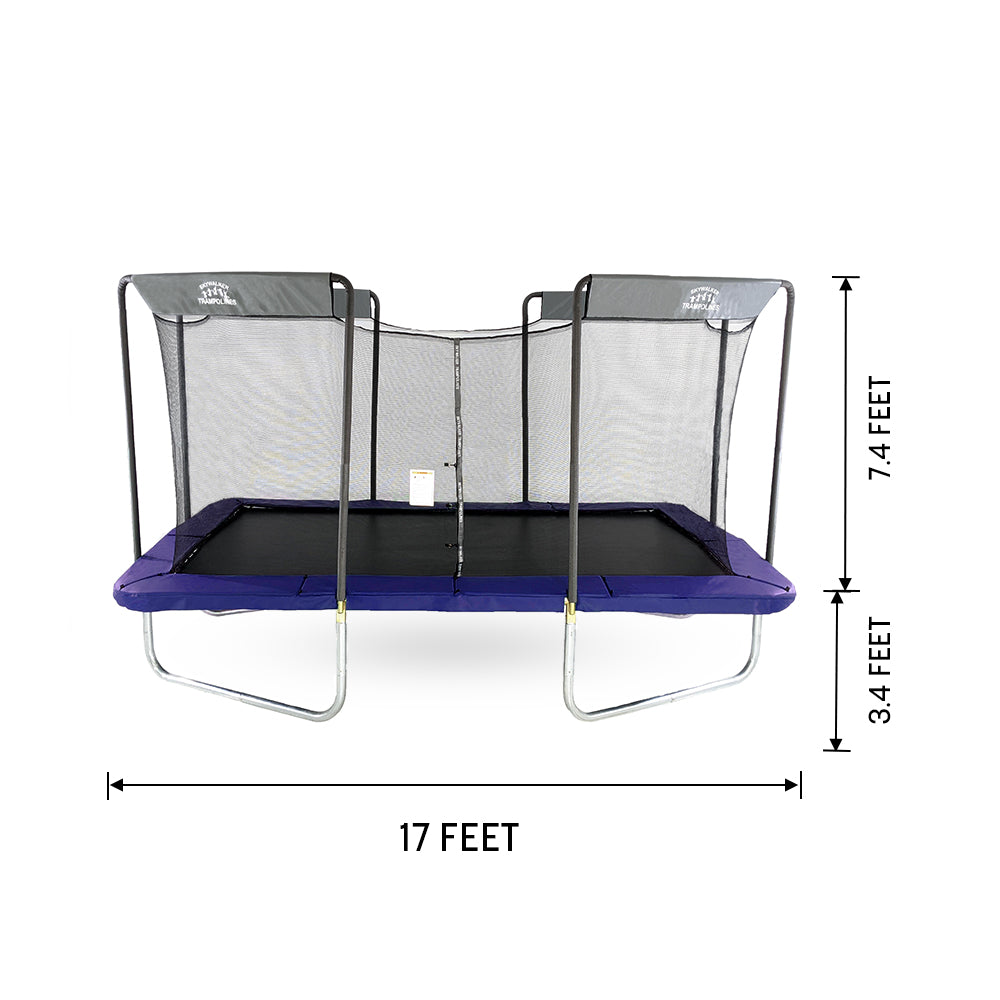 This premium trampoline is 17 feet long, 3.4 feet tall from ground to top of frame, and 7.4 feet tall from frame to top of enclosure.