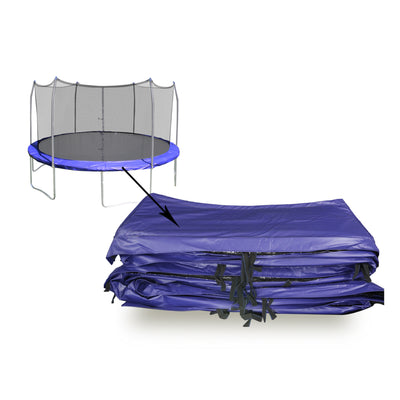 The blue UV-resistant spring pad covers the springs of a 12-foot round trampoline. 