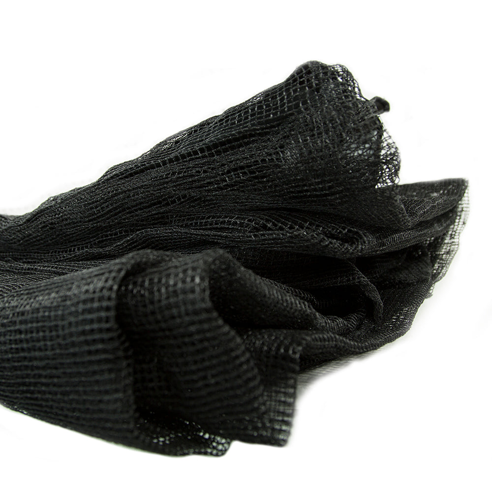 Black, UV-protected, polyethylene enclosure net is tightly woven. 