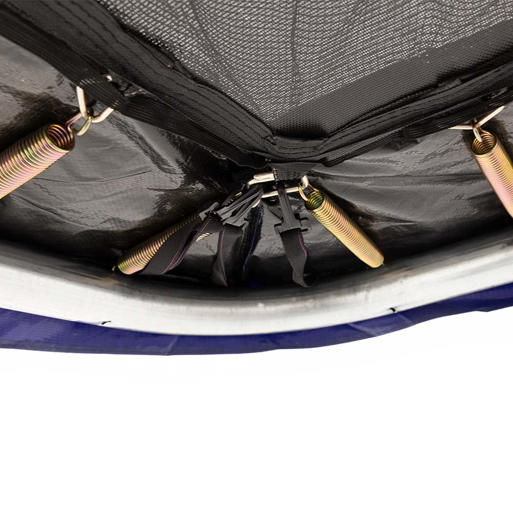 Underneath view of the corner of the 9-foot by 15-foot trampoline shows the springs and clips connecting the spring pad, jump mat, and frame all together. 